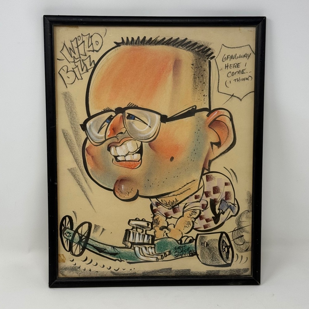 Vintage 1960s Wild Bill Drag Racing Caricature Original Art Framed Hot Rod Humor